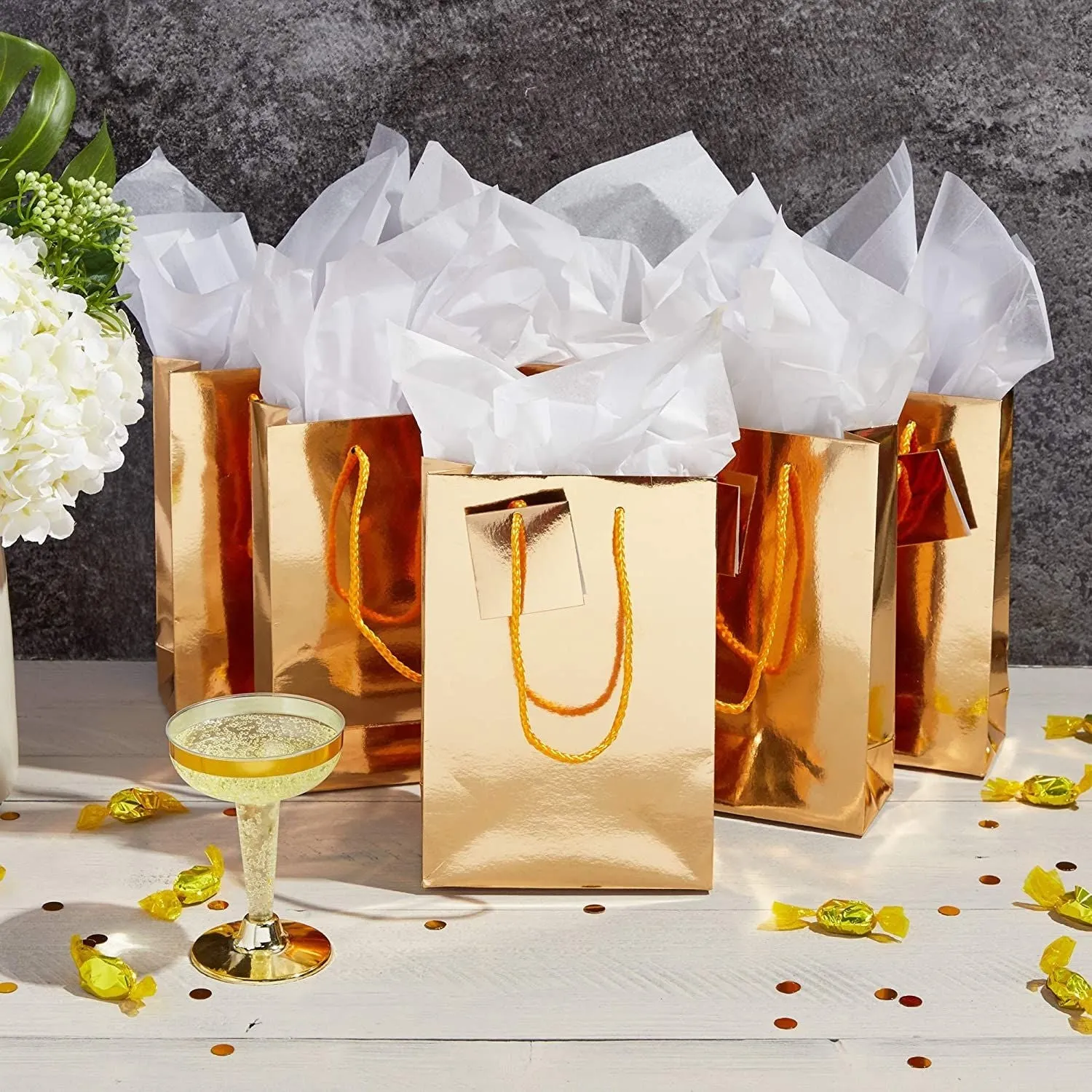 20 Pack Small Gold Party Favor Paper Gift Bags Bulk with Handles and Tissue Paper for Birthday