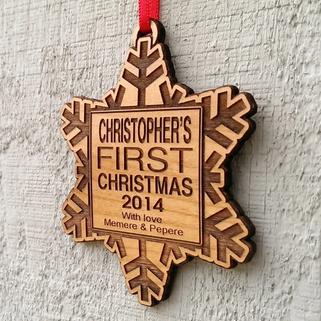 Babys First Christmas Ornament Personalized Wood Snowflake with Custom Name Engraved Wooden Ornament Snowflake Monogram From Grandparents