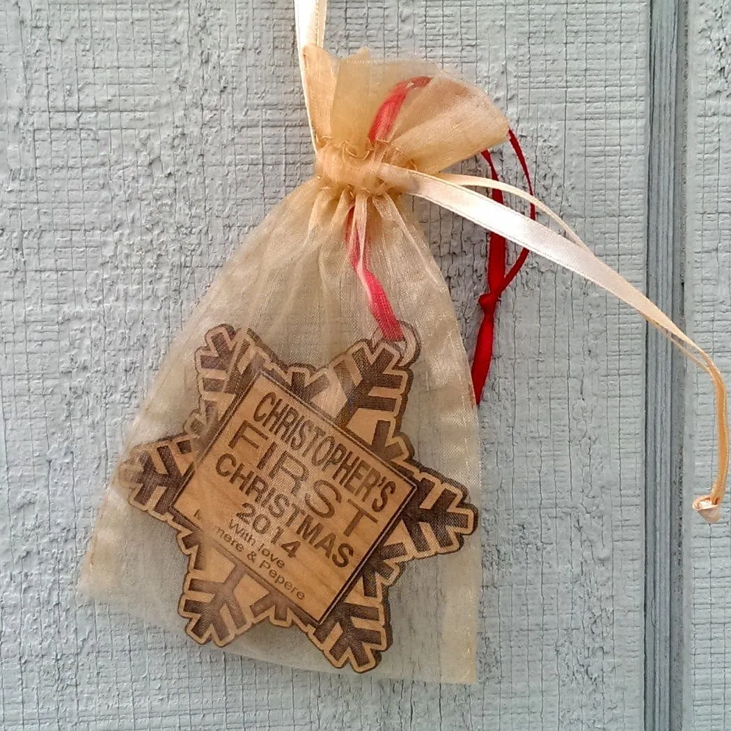 Babys First Christmas Ornament Personalized Wood Snowflake with Custom Name Engraved Wooden Ornament Snowflake Monogram From Grandparents