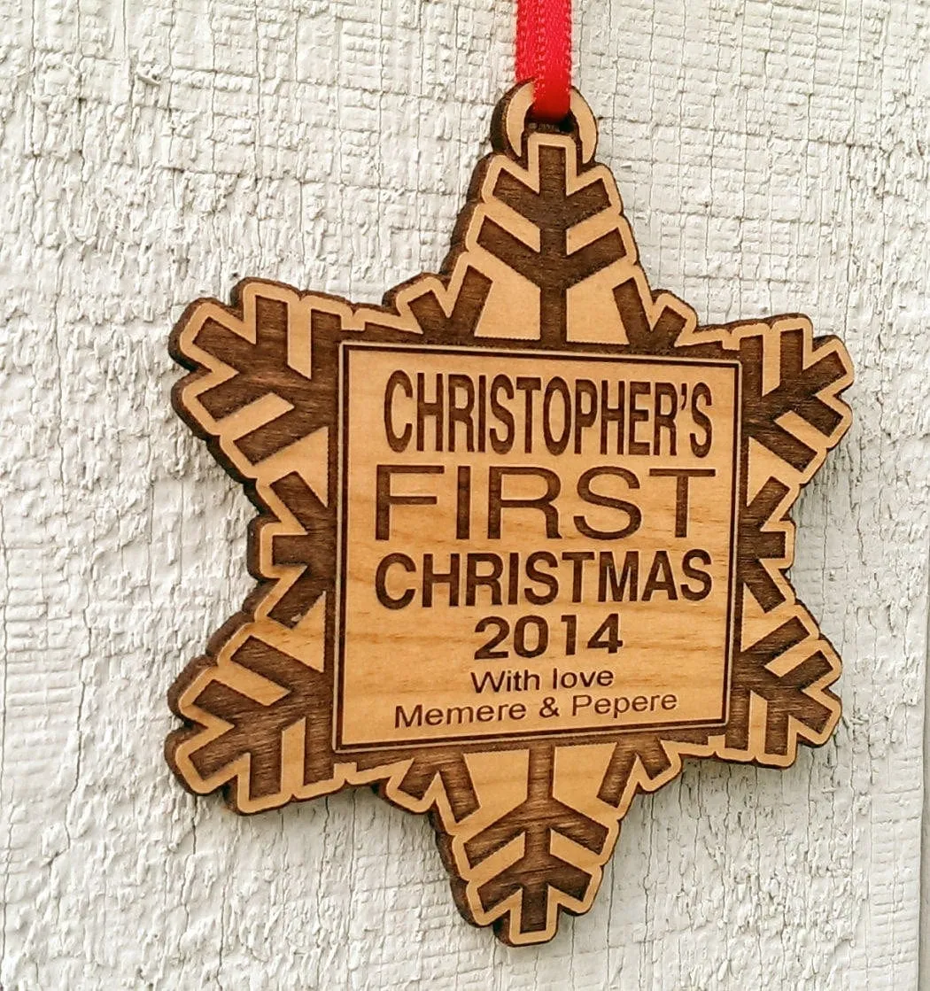 Babys First Christmas Ornament Personalized Wood Snowflake with Custom Name Engraved Wooden Ornament Snowflake Monogram From Grandparents