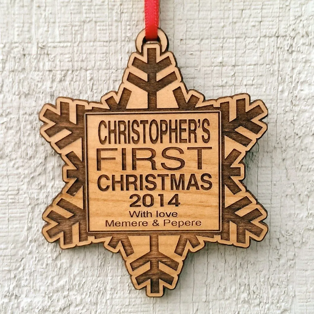 Babys First Christmas Ornament Personalized Wood Snowflake with Custom Name Engraved Wooden Ornament Snowflake Monogram From Grandparents