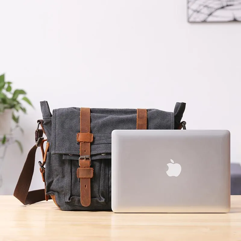 Canvas Mens 14'' Side Bag Courier Bag Gray Postman Bag Messenger Bag for Men