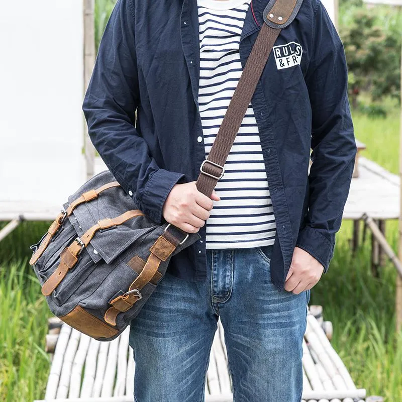 Canvas Mens 14'' Side Bag Courier Bag Gray Postman Bag Messenger Bag for Men