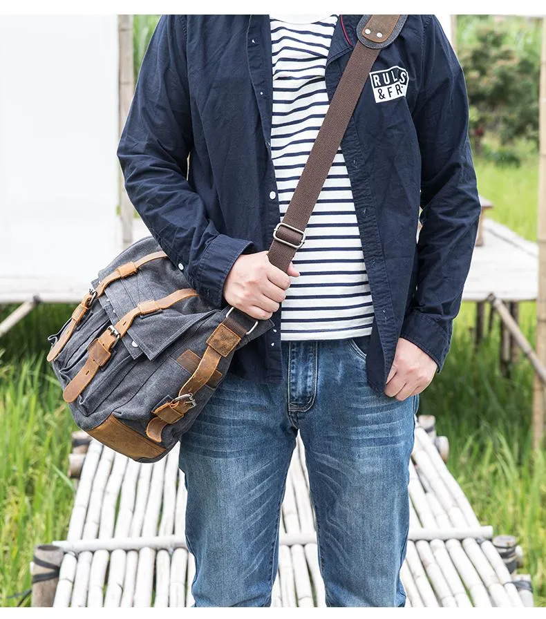 Canvas Mens 14'' Side Bag Courier Bag Gray Postman Bag Messenger Bag for Men