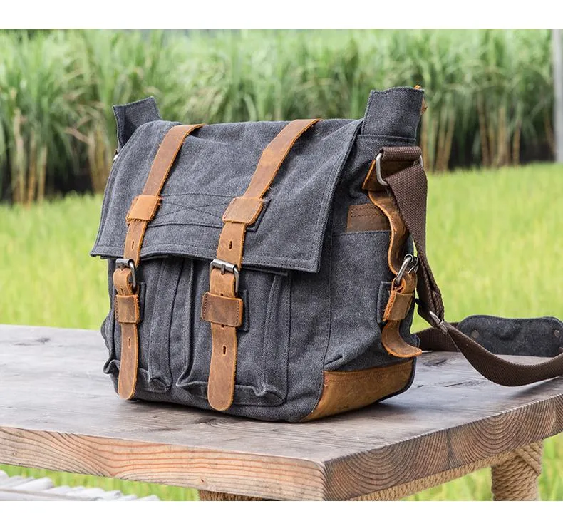 Canvas Mens 14'' Side Bag Courier Bag Gray Postman Bag Messenger Bag for Men