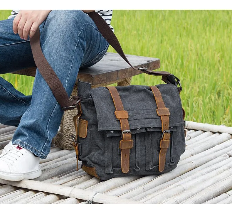 Canvas Mens 14'' Side Bag Courier Bag Gray Postman Bag Messenger Bag for Men