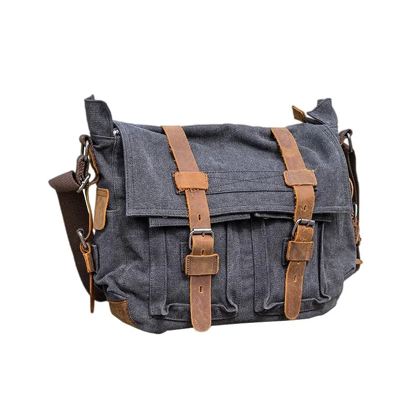 Canvas Mens 14'' Side Bag Courier Bag Gray Postman Bag Messenger Bag for Men