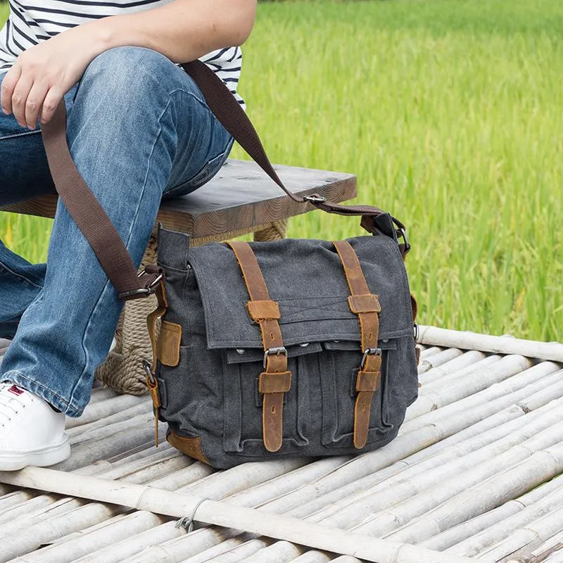 Canvas Mens 14'' Side Bag Courier Bag Gray Postman Bag Messenger Bag for Men
