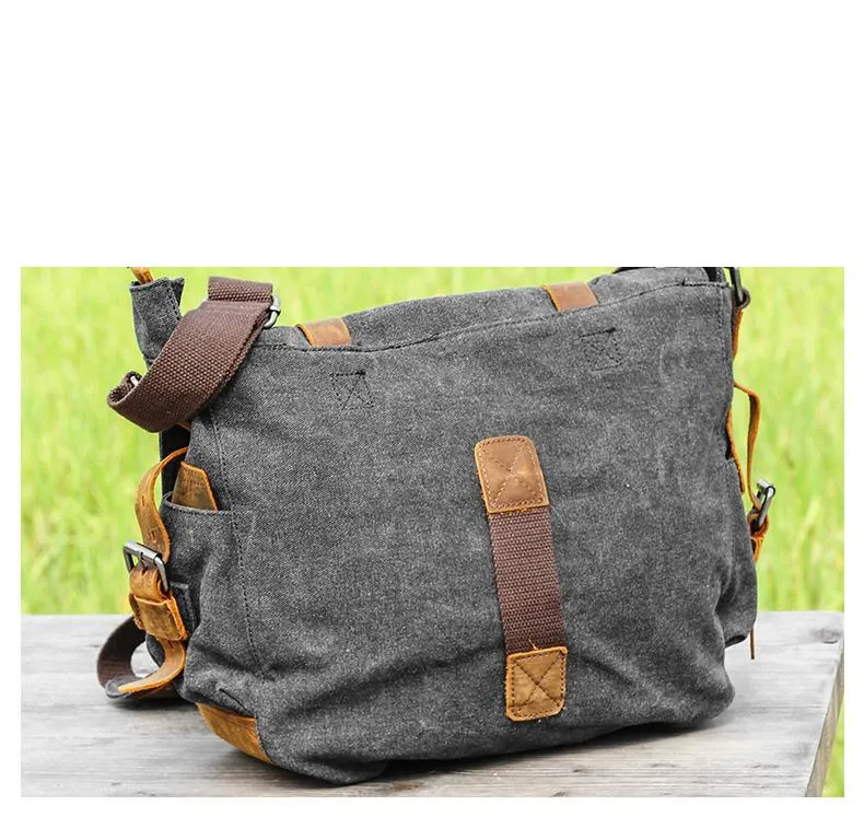 Canvas Mens 14'' Side Bag Courier Bag Gray Postman Bag Messenger Bag for Men