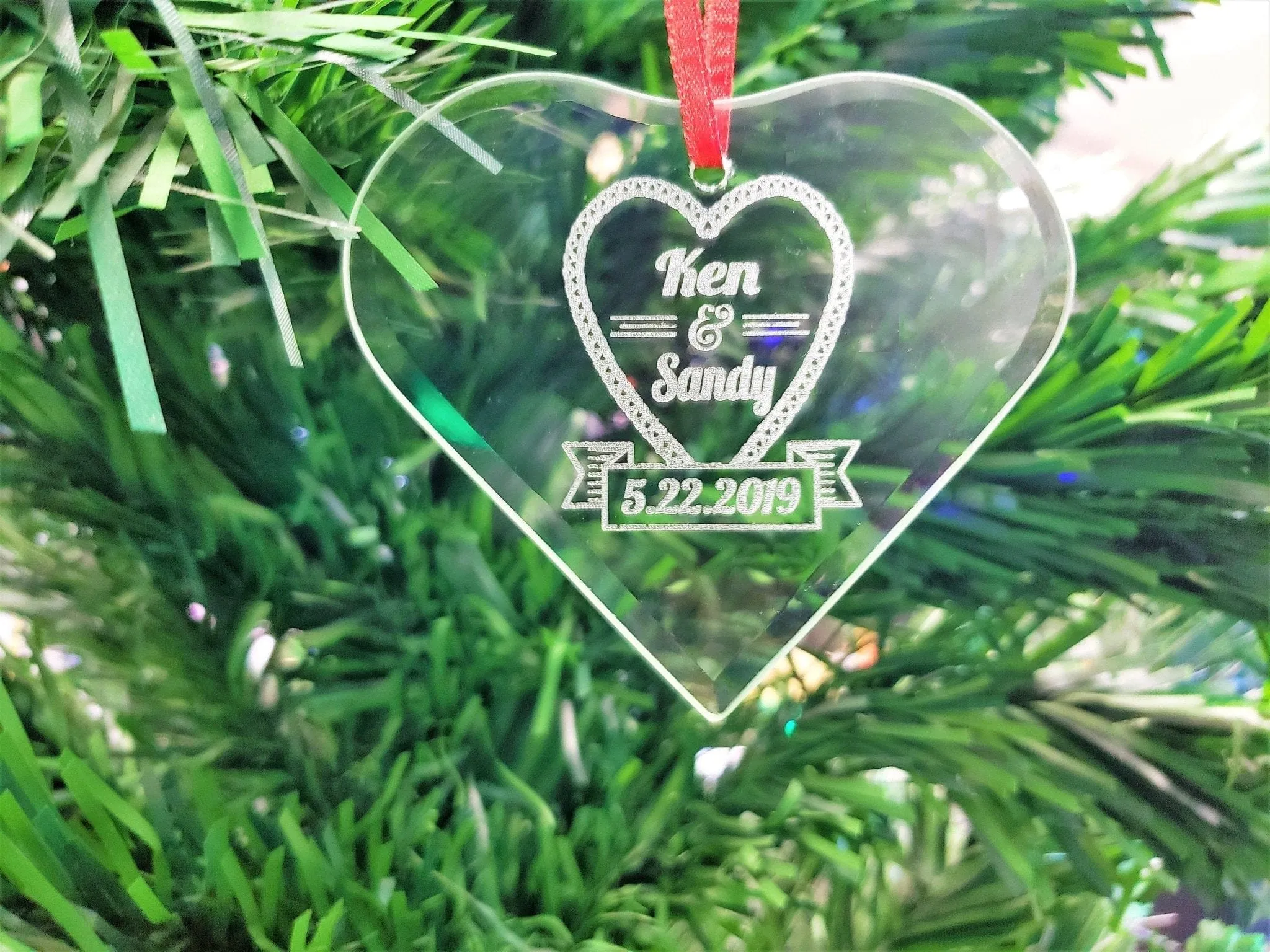 Couple Heart Glass Christmas Ornament Personalized Him Her Couples Gift Love Engraved Names Date Wedding Married Engagement Anniversary