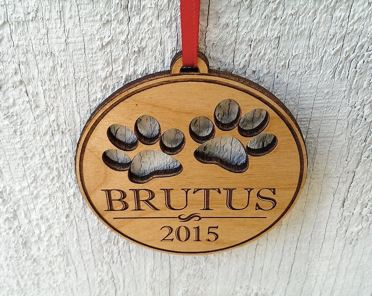 Custom Engraved Personalized Pet Ornament With Paw Prints Pets Name and Date Laser Engraved Wood Ornament Present for Dog Cat Christmas Gift