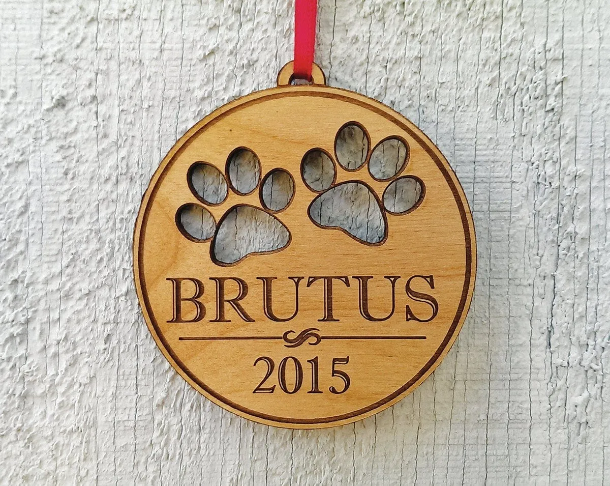Custom Engraved Personalized Pet Ornament With Paw Prints Pets Name and Date Laser Engraved Wood Ornament Present for Dog Cat Christmas Gift