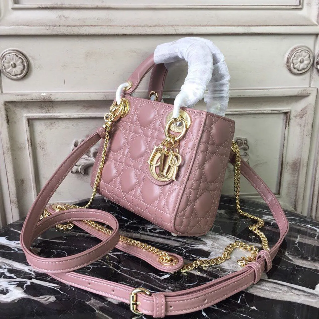 DI Mini Lady Bag Gold Toned Hardware Dusty Pink For Women 18cm/7in CD