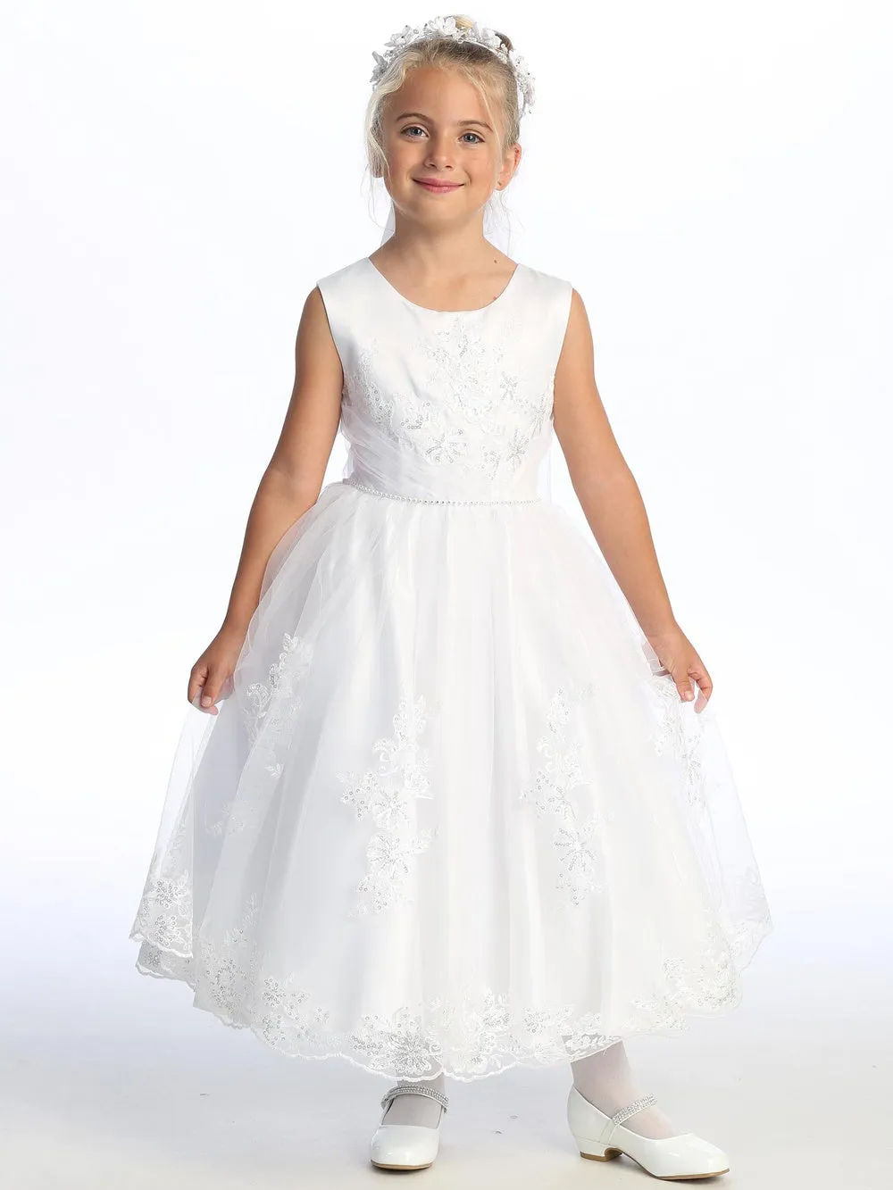 Girls White First Communion Dress Satin w/ Embroidered Tulle & Sequins (727)