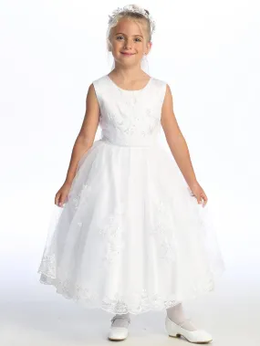 Girls White First Communion Dress Satin w/ Embroidered Tulle & Sequins (727)