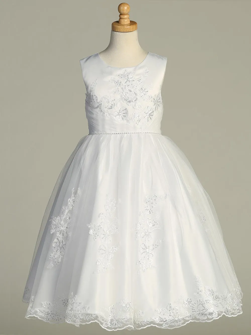 Girls White First Communion Dress Satin w/ Embroidered Tulle & Sequins (727)
