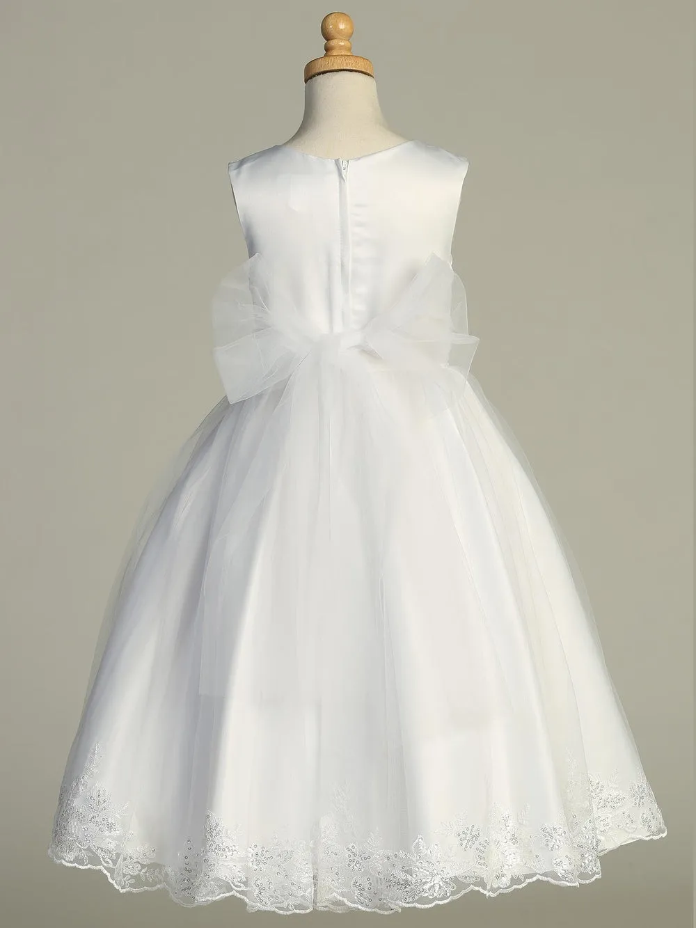 Girls White First Communion Dress Satin w/ Embroidered Tulle & Sequins (727)