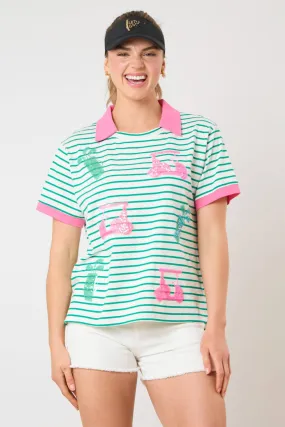 Golf Cart & Bag Sequins Embroidery Short Sleeve Top