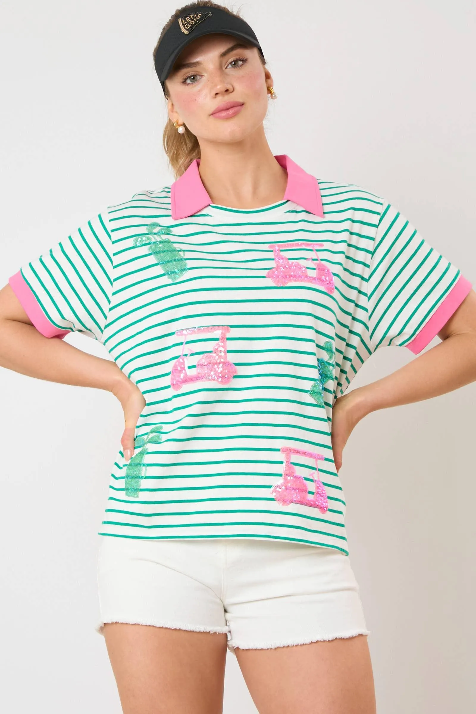 Golf Cart & Bag Sequins Embroidery Short Sleeve Top