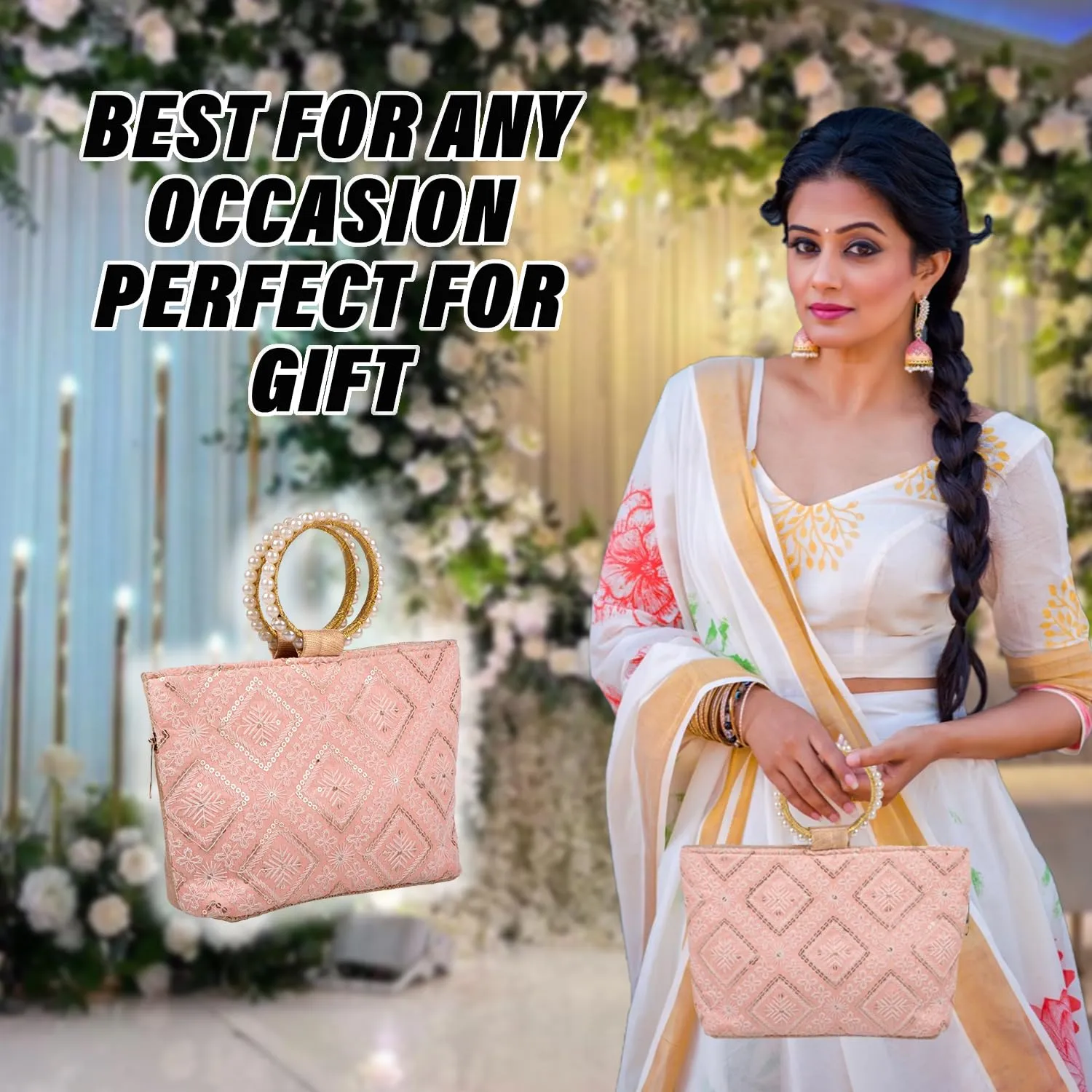 Heart Home Clutch Bag | Zig Zag Chicken Silk Embroidery | Moti Churi Handle | Hand Purse for Woman | Party Bags for Woman | Wedding Clutch Purse | Pack of 2 | Peach