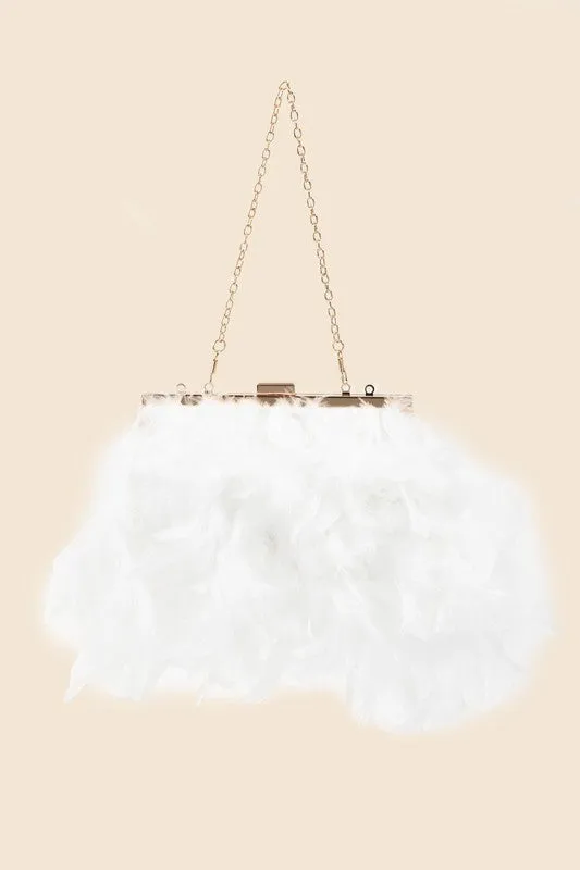 Ivory Feathered Chain Strap Hand Bag