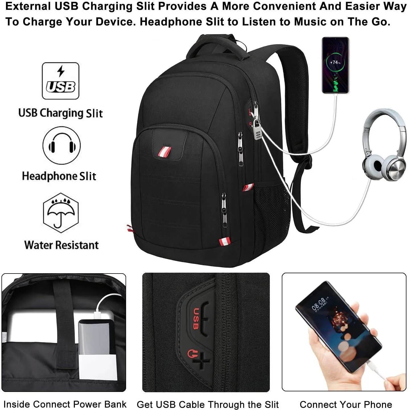 Laptop Backpack | Business Travel Backpack with USB Charging Slit for Men Womens | Black