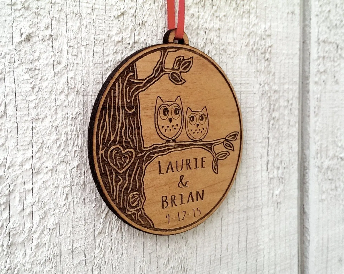 Love Birds Owl Heart Personalized Christmas Ornament for Him Her Couples Gift Christmas Ornament Lover Personalized Names Date Tree Trunk