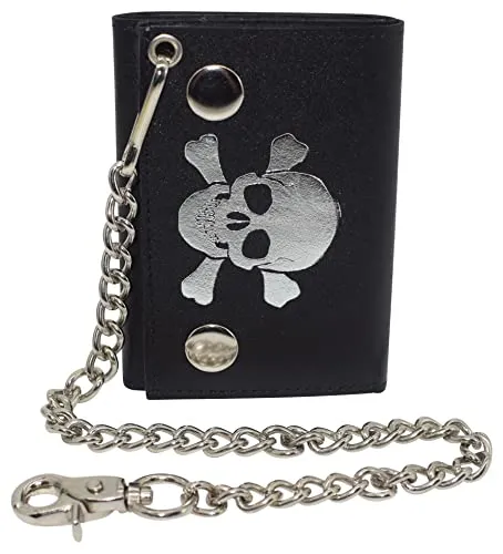 Mens Wallets Black Trifold RFID Protection Real Leather Skull Biker Chain For Men