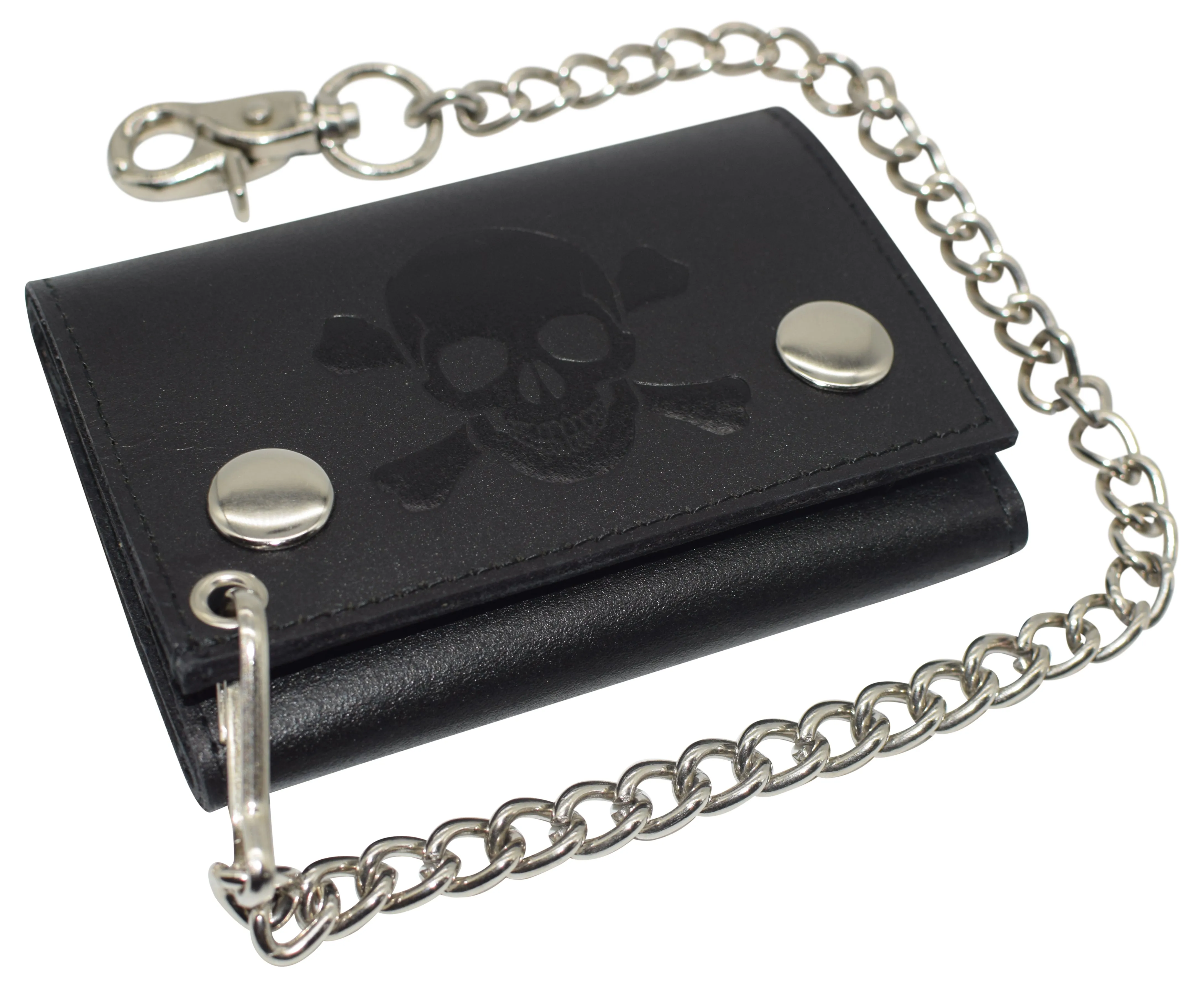 Mens Wallets Black Trifold RFID Protection Real Leather Skull Biker Chain For Men