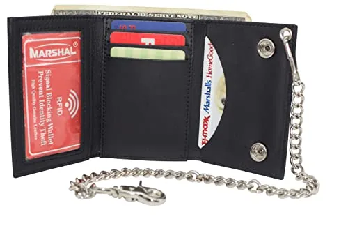 Mens Wallets Black Trifold RFID Protection Real Leather Skull Biker Chain For Men