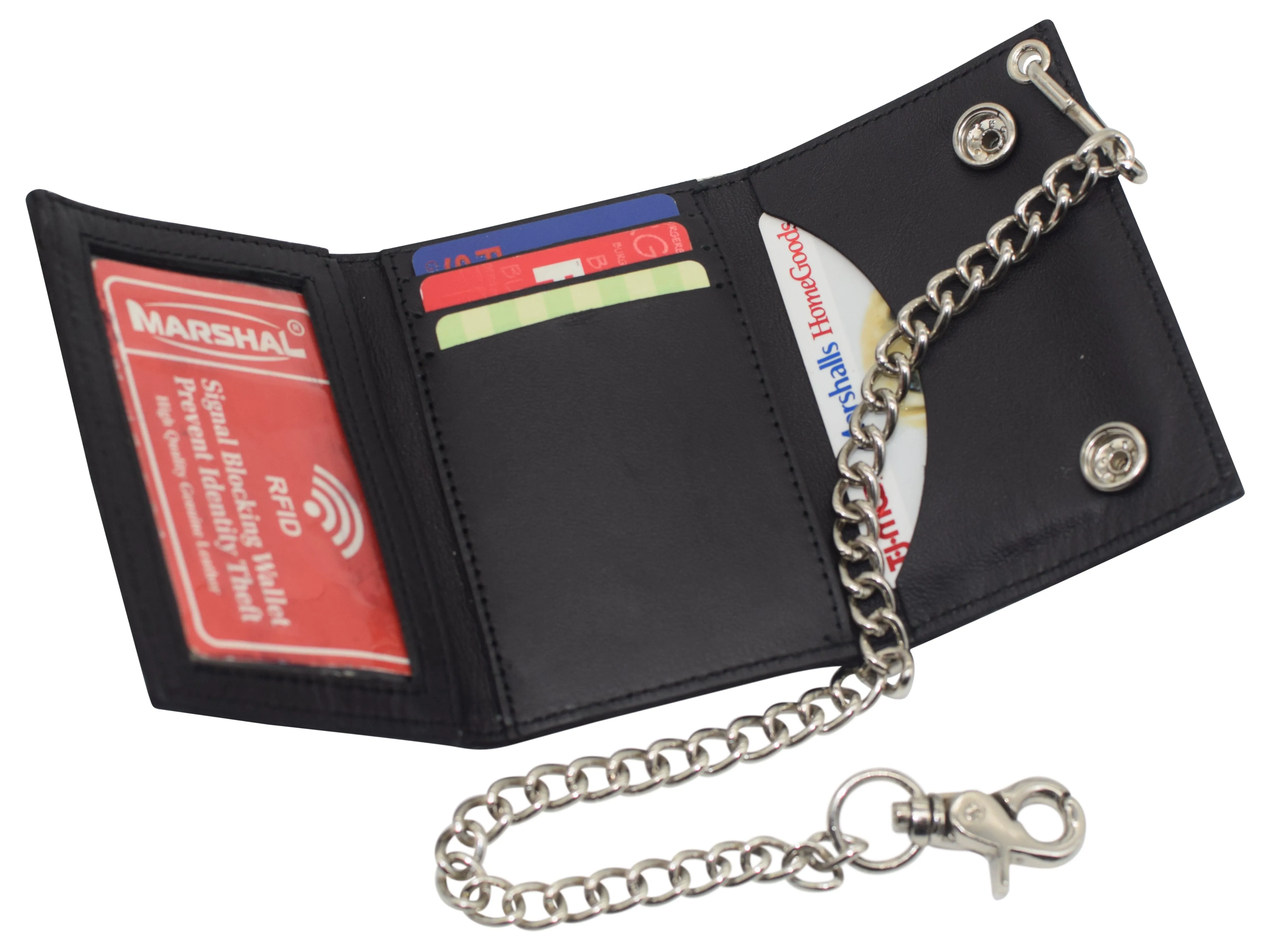 Mens Wallets Black Trifold RFID Protection Real Leather Skull Biker Chain For Men