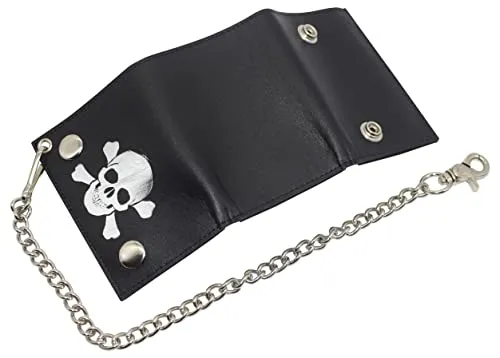 Mens Wallets Black Trifold RFID Protection Real Leather Skull Biker Chain For Men