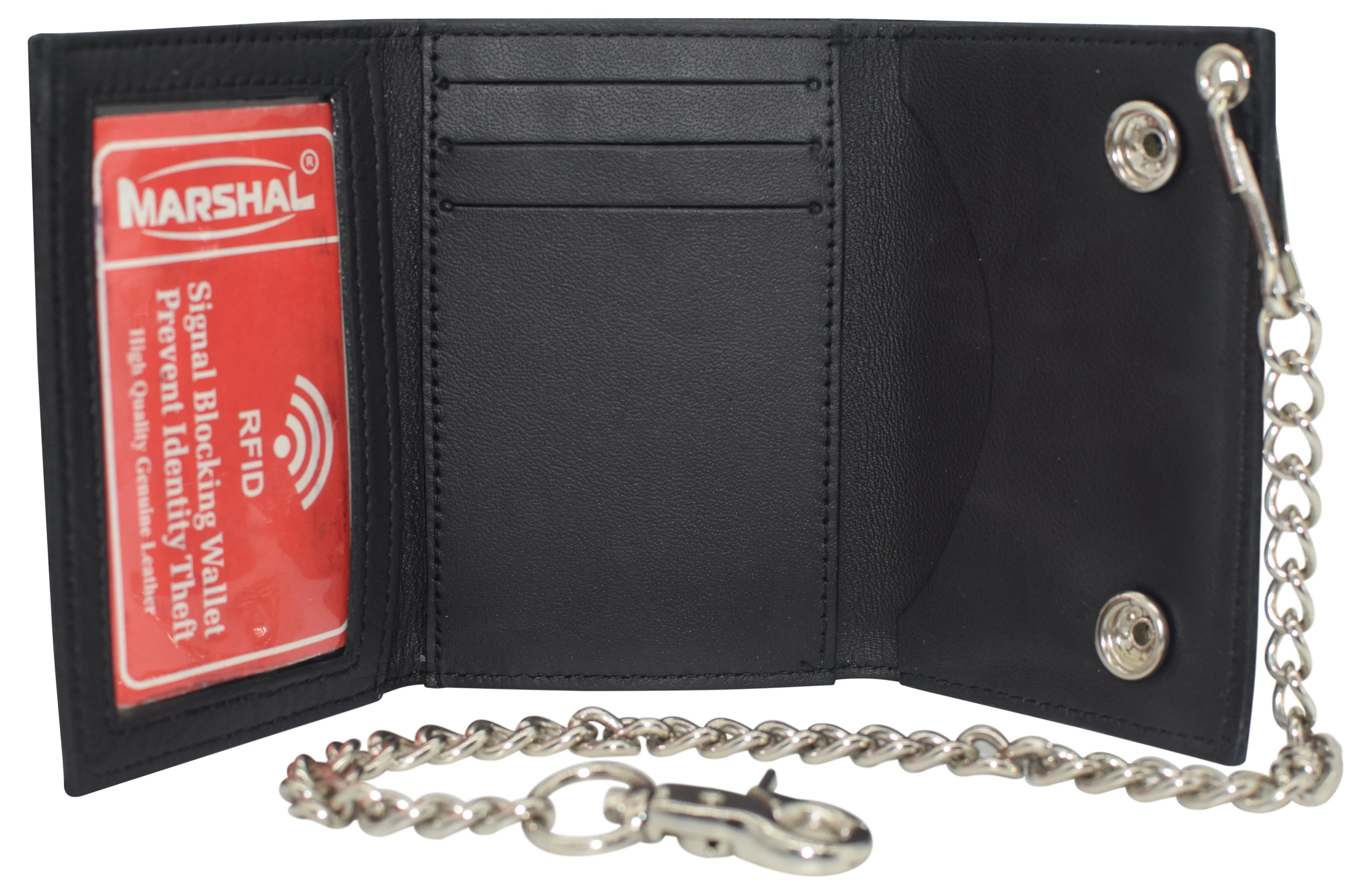 Mens Wallets Black Trifold RFID Protection Real Leather Skull Biker Chain For Men