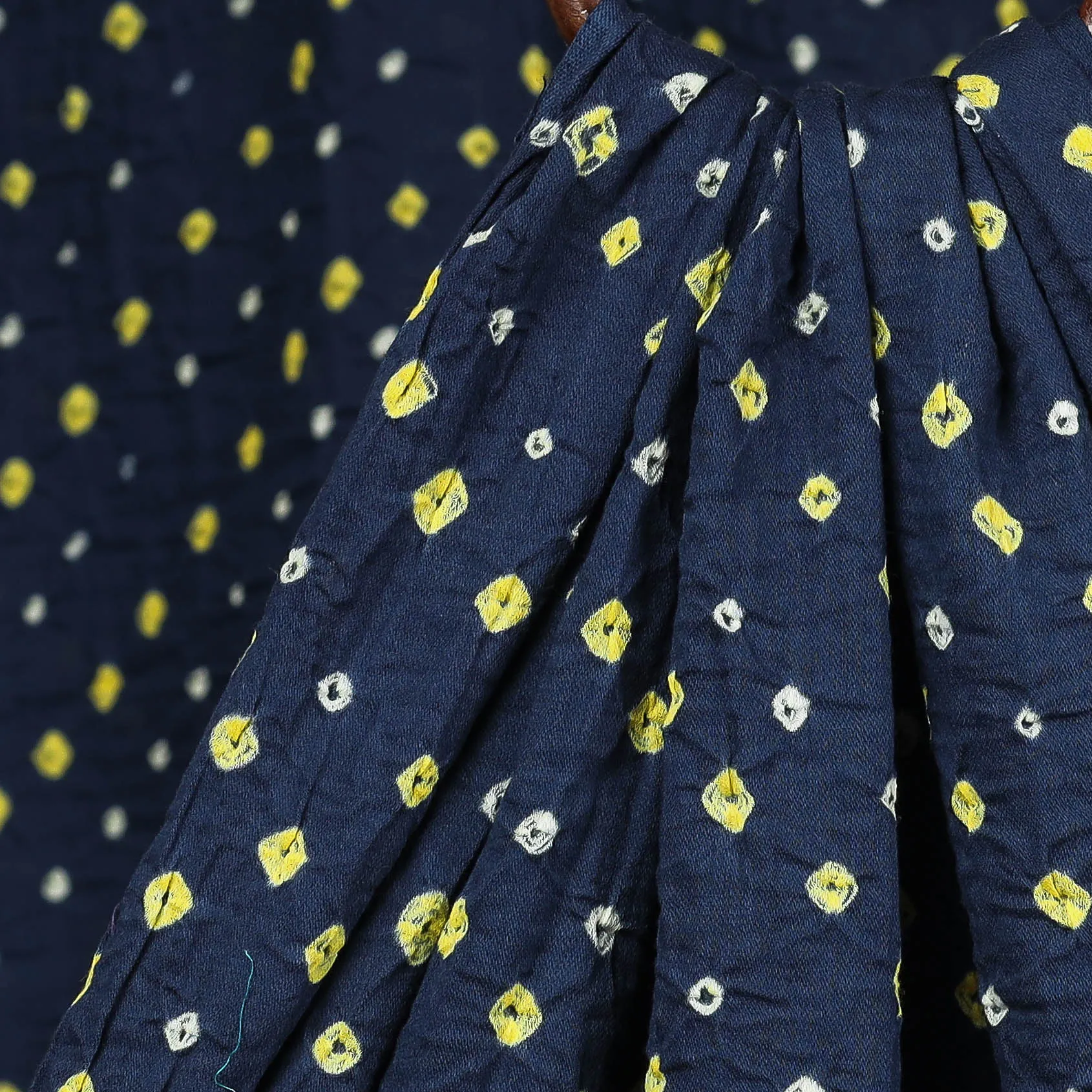 Navy Blue And Yellow Bootis Kutch Bandhani Tie-Dye Mul Cotton Fabric