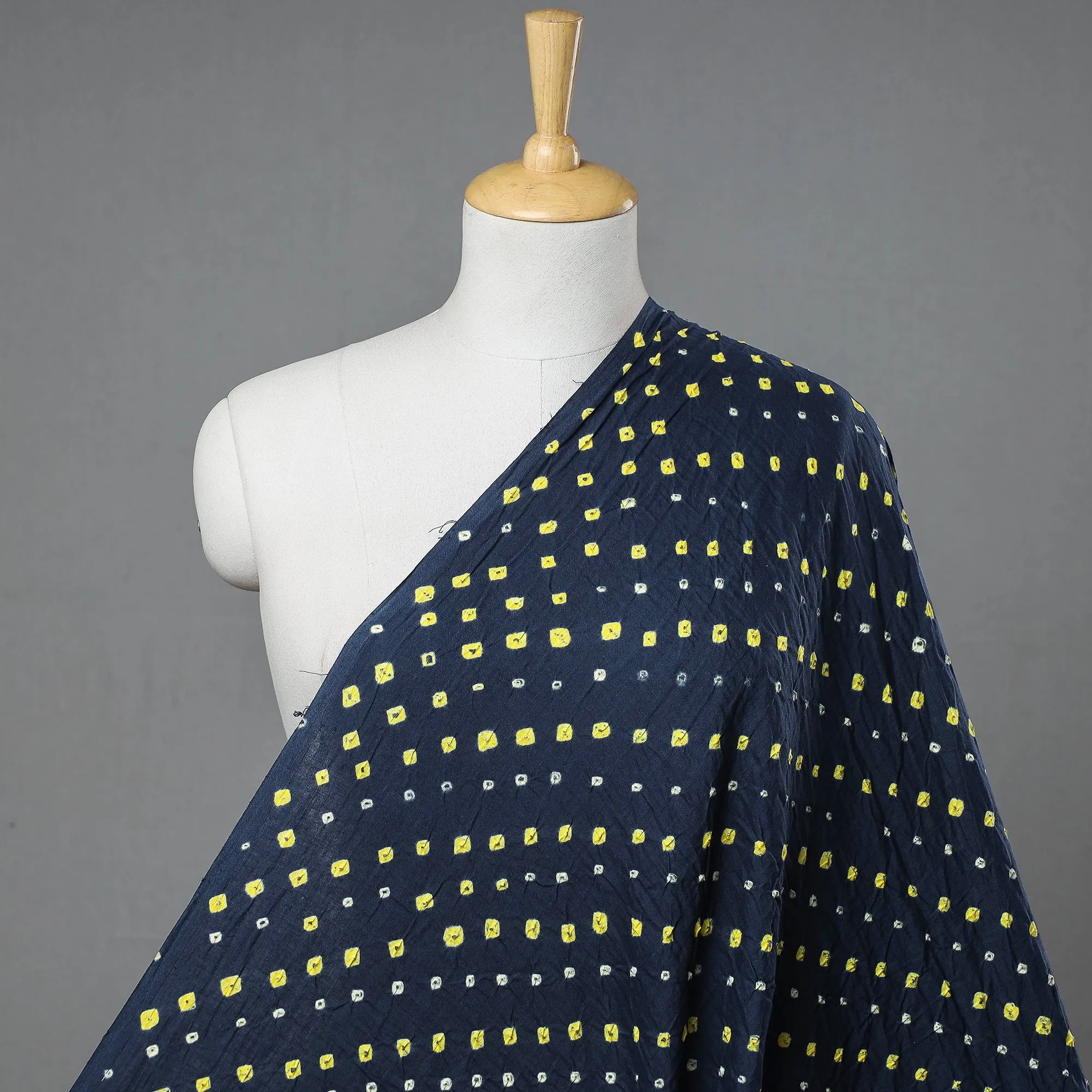 Navy Blue And Yellow Bootis Kutch Bandhani Tie-Dye Mul Cotton Fabric