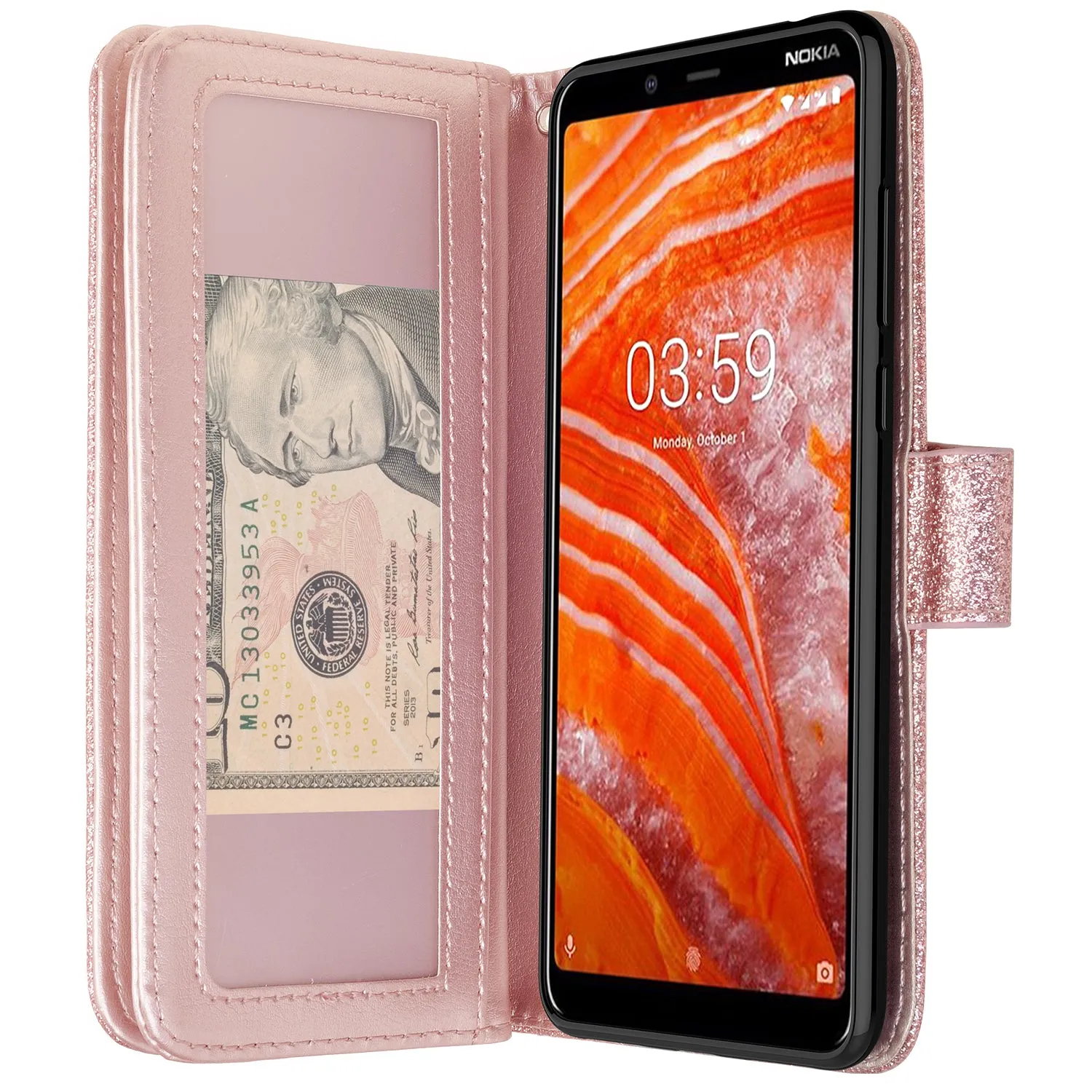 Nokia 3.1 Plus Case, Nokia 3.1 Plus Case, Glitter Faux Leather Flip Credit Card Holder Wrist Strap Shockproof Protective Wallet Case Clutch for Nokia 3.1 Plus - Rose Gold
