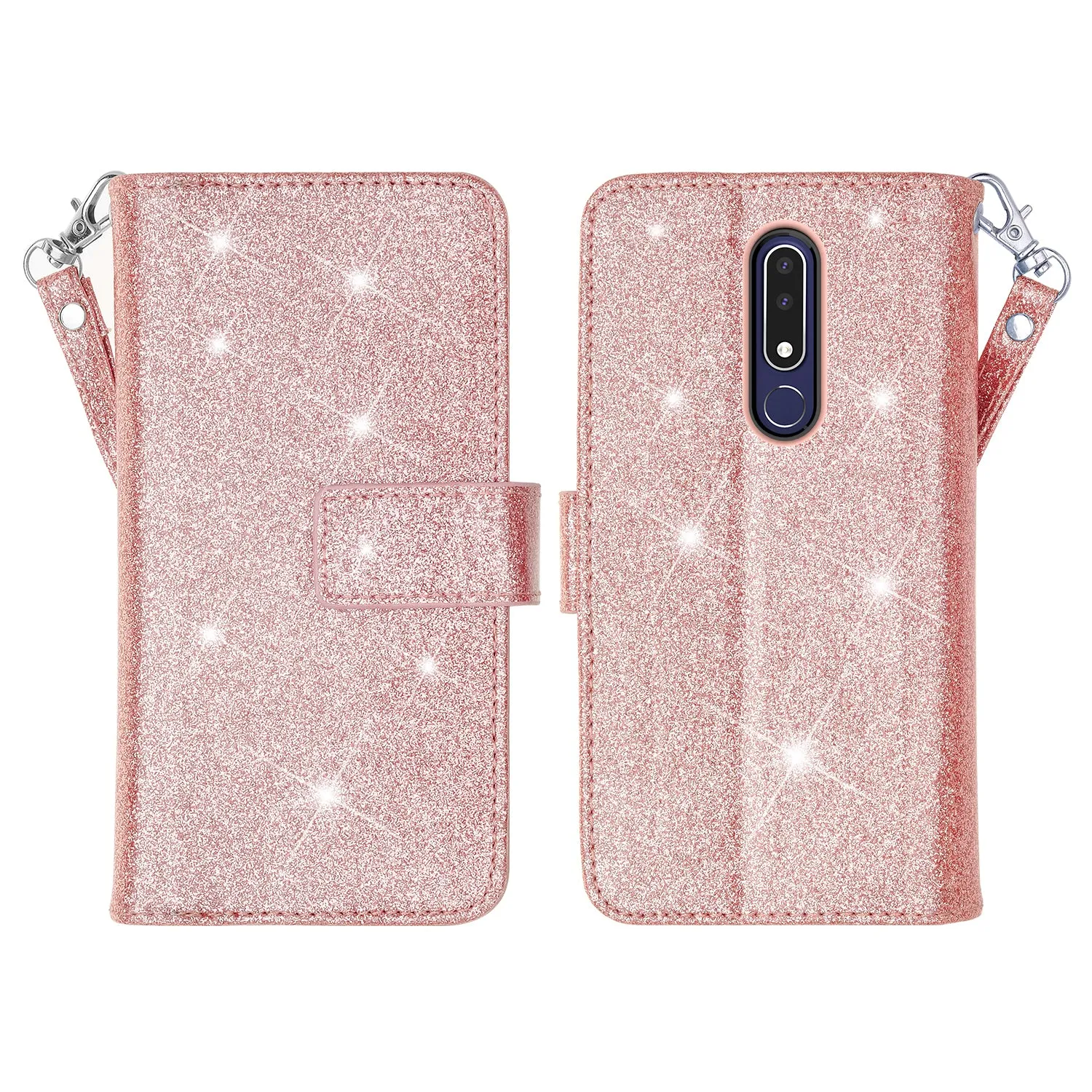 Nokia 3.1 Plus Case, Nokia 3.1 Plus Case, Glitter Faux Leather Flip Credit Card Holder Wrist Strap Shockproof Protective Wallet Case Clutch for Nokia 3.1 Plus - Rose Gold