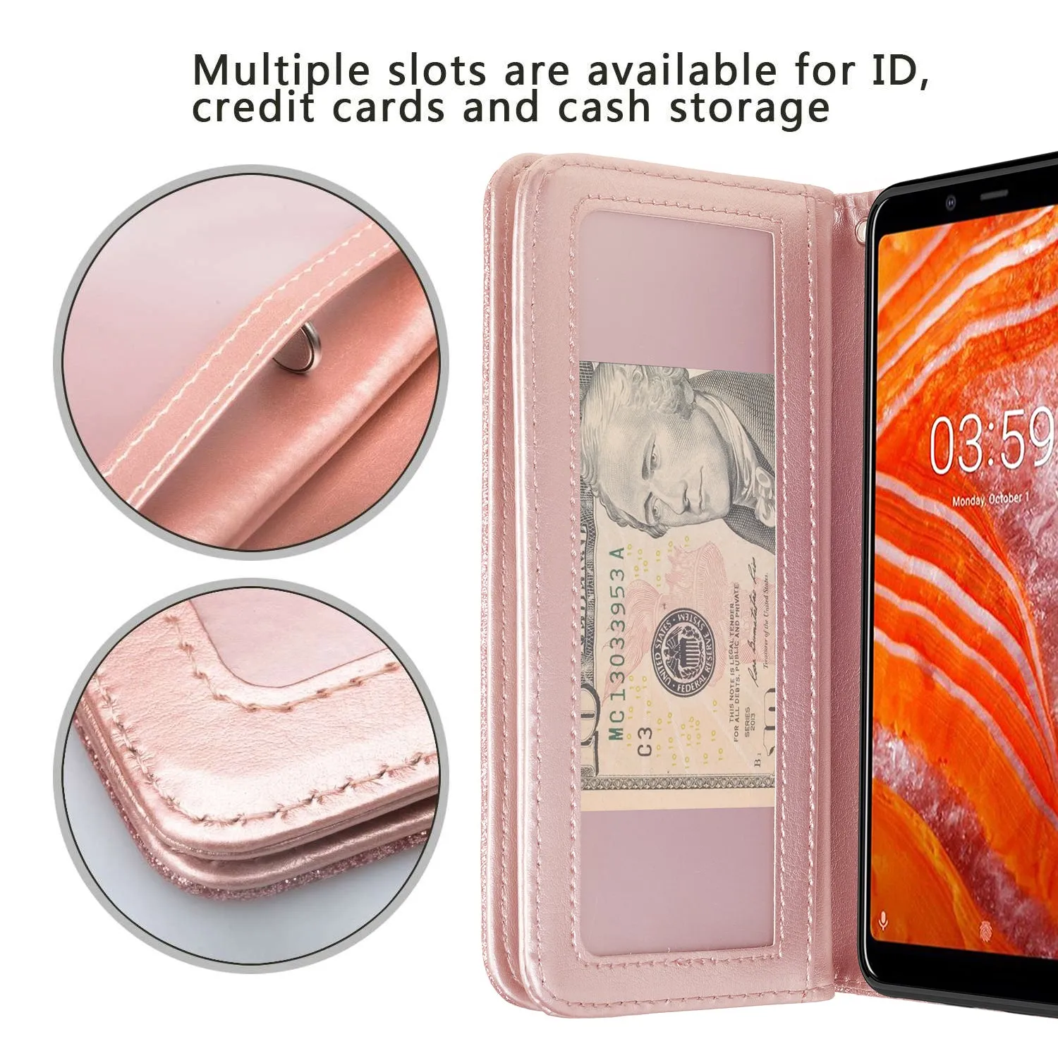 Nokia 3.1 Plus Case, Nokia 3.1 Plus Case, Glitter Faux Leather Flip Credit Card Holder Wrist Strap Shockproof Protective Wallet Case Clutch for Nokia 3.1 Plus - Rose Gold