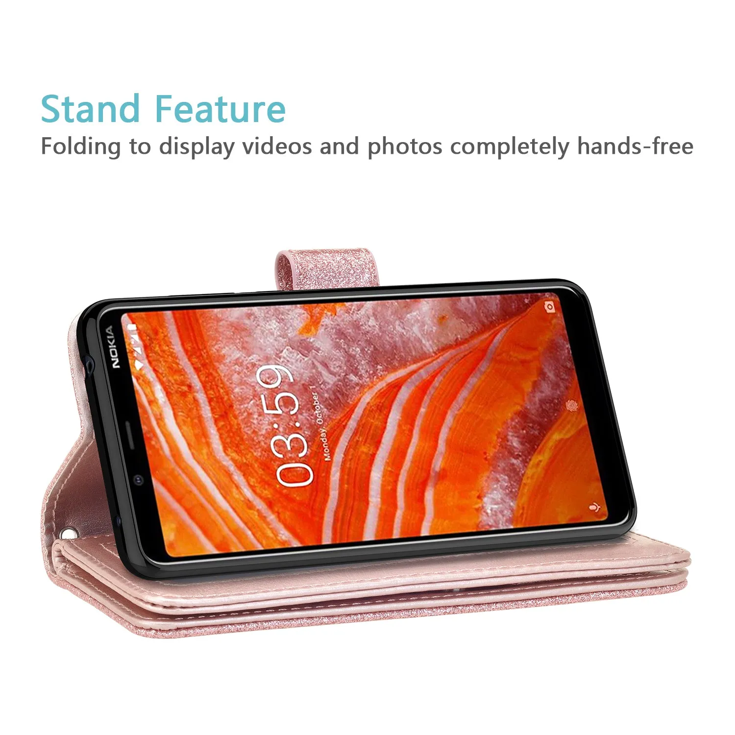 Nokia 3.1 Plus Case, Nokia 3.1 Plus Case, Glitter Faux Leather Flip Credit Card Holder Wrist Strap Shockproof Protective Wallet Case Clutch for Nokia 3.1 Plus - Rose Gold