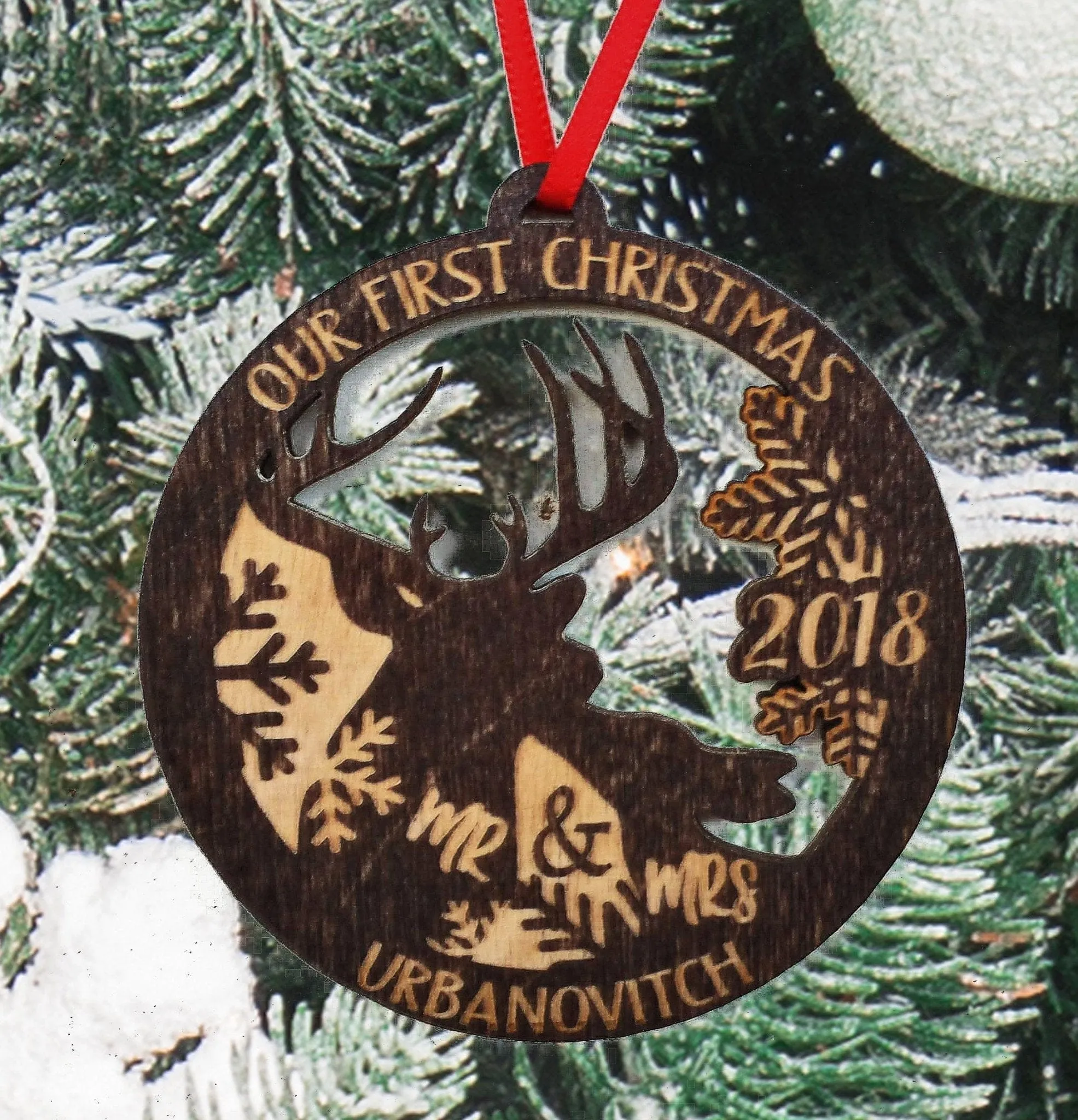 Our First Christmas Ornament Deer Wood Married Mr & Mrs Personalized Christmas Ornament, 1st Christmas Ornaments Newlywed Gift Idea Wedding