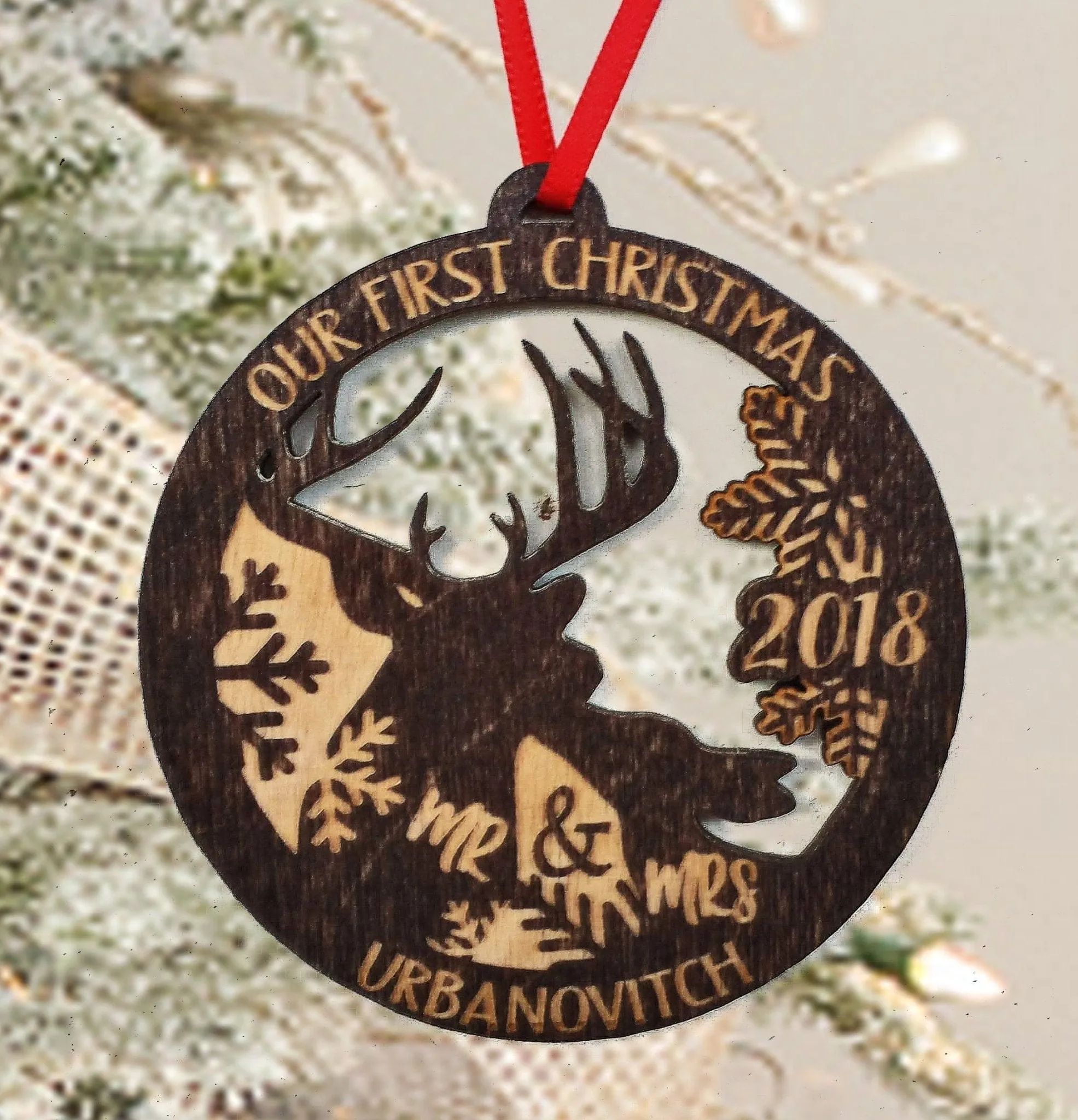 Our First Christmas Ornament Deer Wood Married Mr & Mrs Personalized Christmas Ornament, 1st Christmas Ornaments Newlywed Gift Idea Wedding