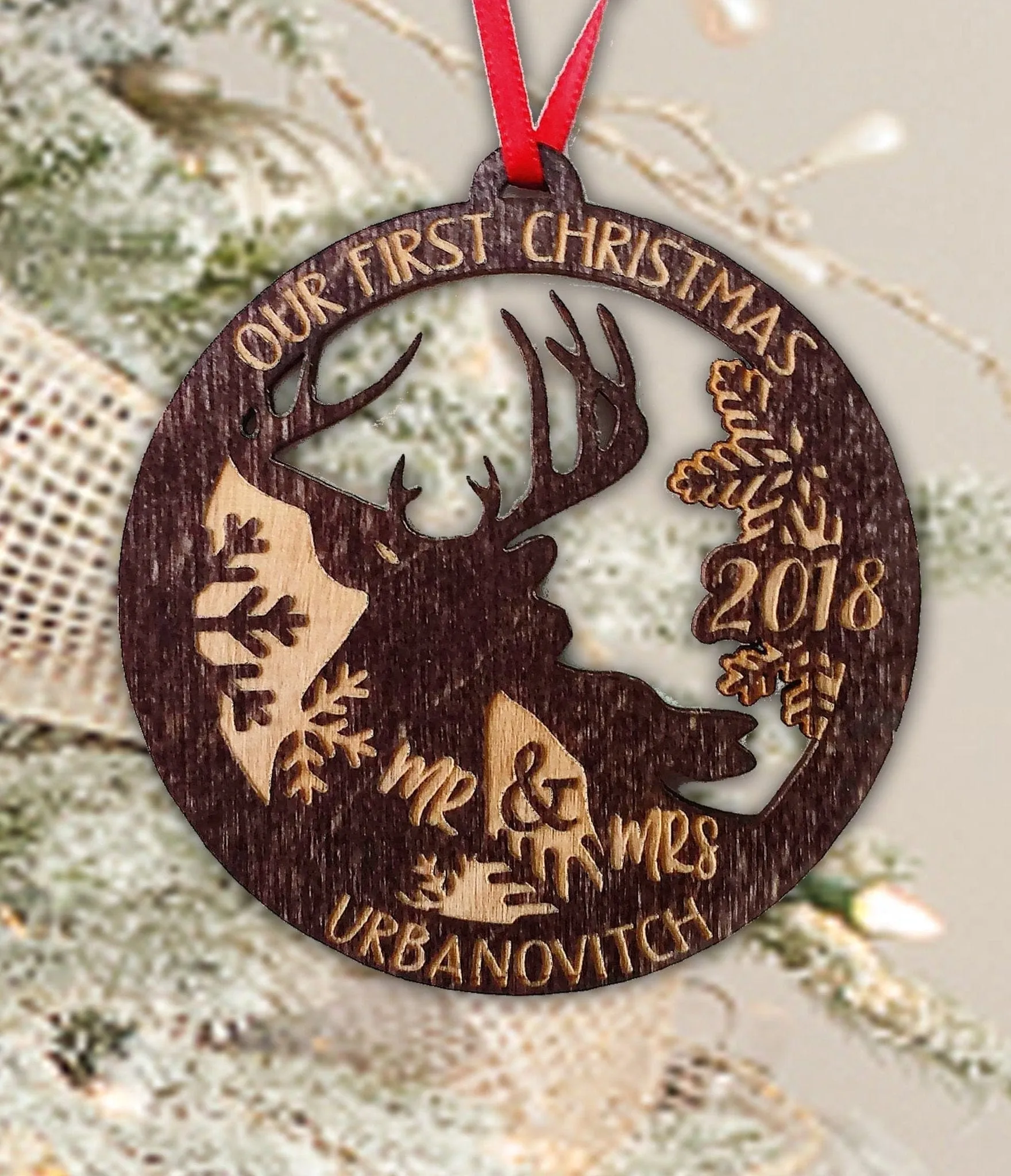 Our First Christmas Ornament Deer Wood Married Mr & Mrs Personalized Christmas Ornament, 1st Christmas Ornaments Newlywed Gift Idea Wedding