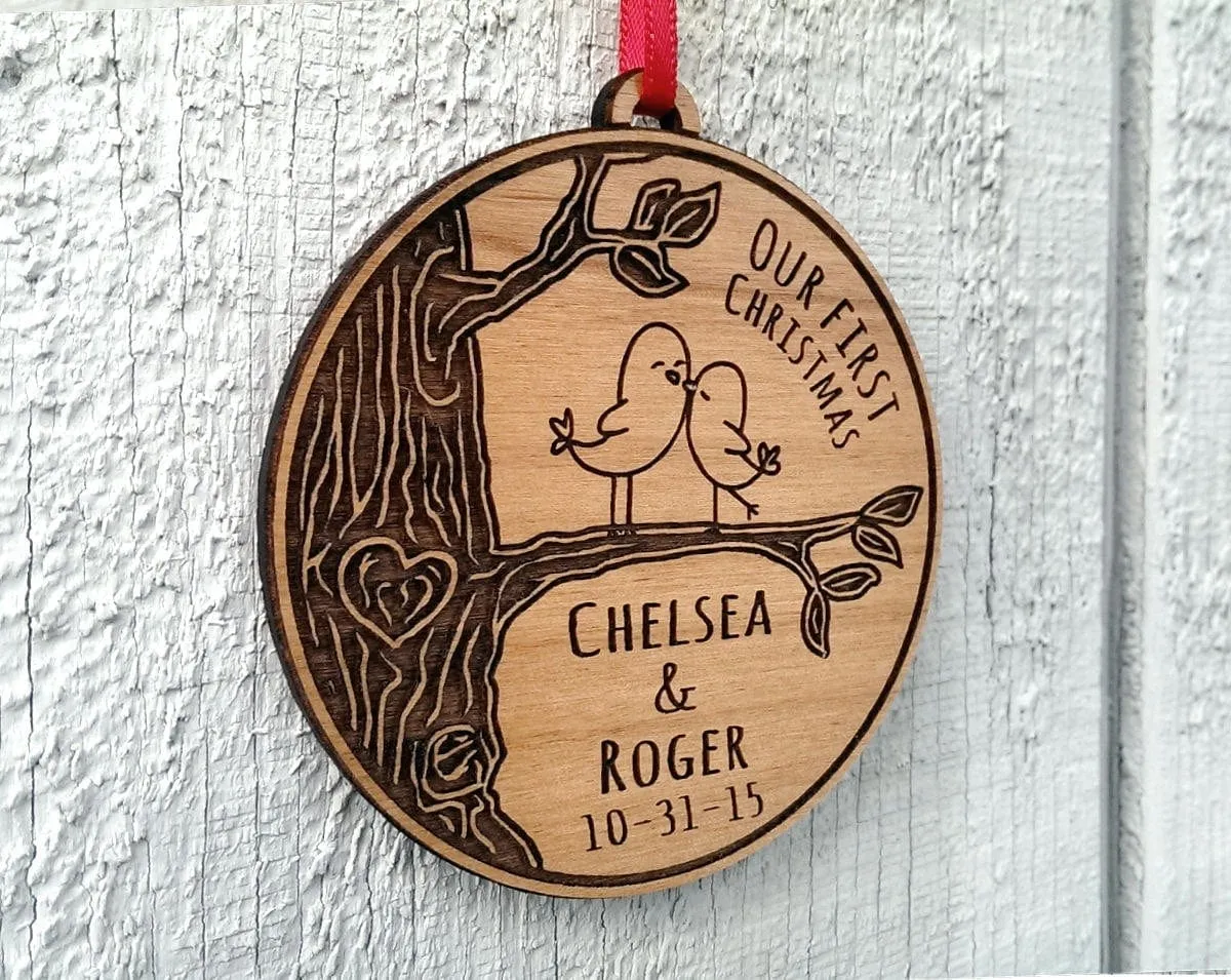 Our First Christmas Together Ornament  Love Birds Heart Customized Christmas Couples Gift  Ornament Lover Personalized Names Date Tree Trunk