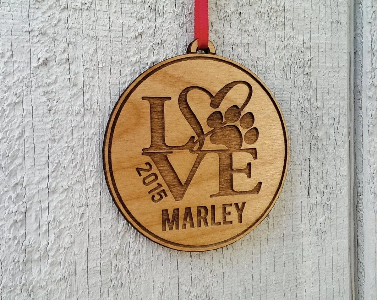 Personalized Pet Ornament Gift With Love Paw Print Pets Name and Date Ornament Dog Cat Christmas Gift Custom Engraved Wood Tree Ornament