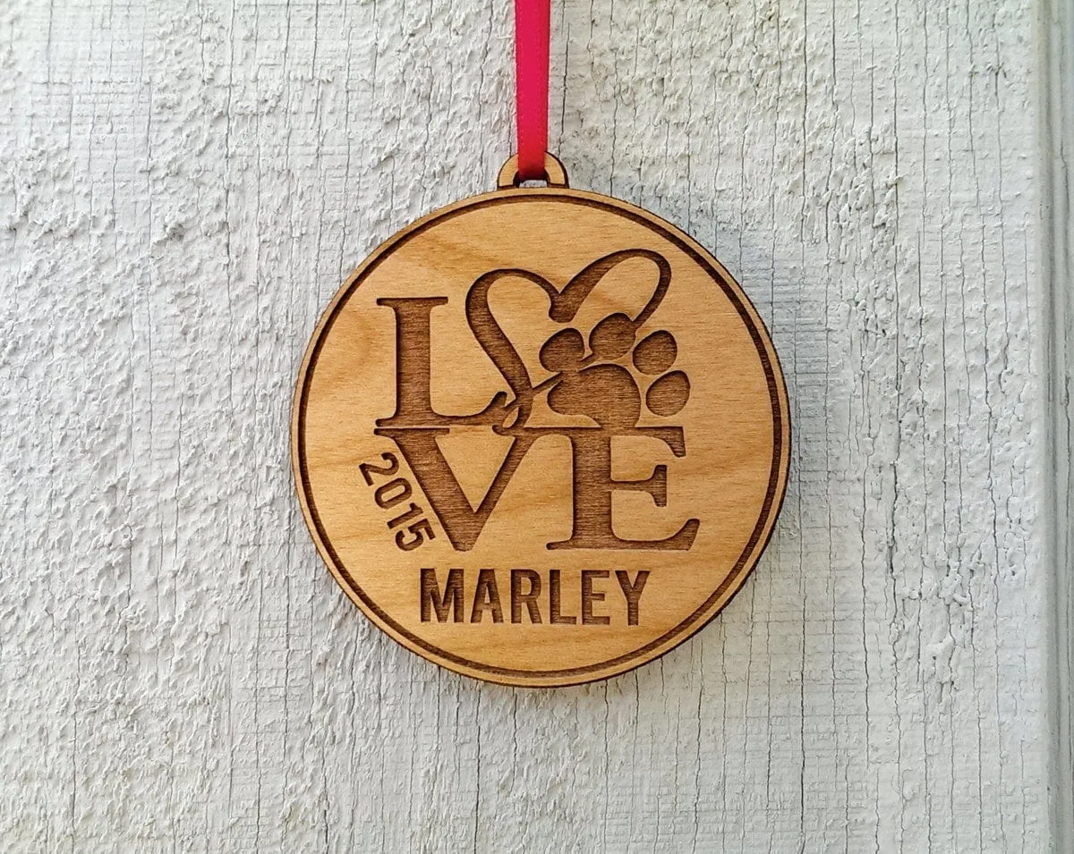 Personalized Pet Ornament Gift With Love Paw Print Pets Name and Date Ornament Dog Cat Christmas Gift Custom Engraved Wood Tree Ornament