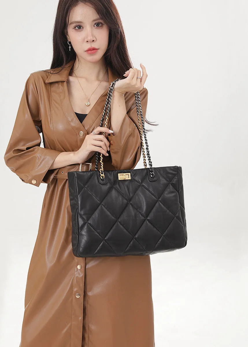 Quilted Chain Strap Leather Tote Bag