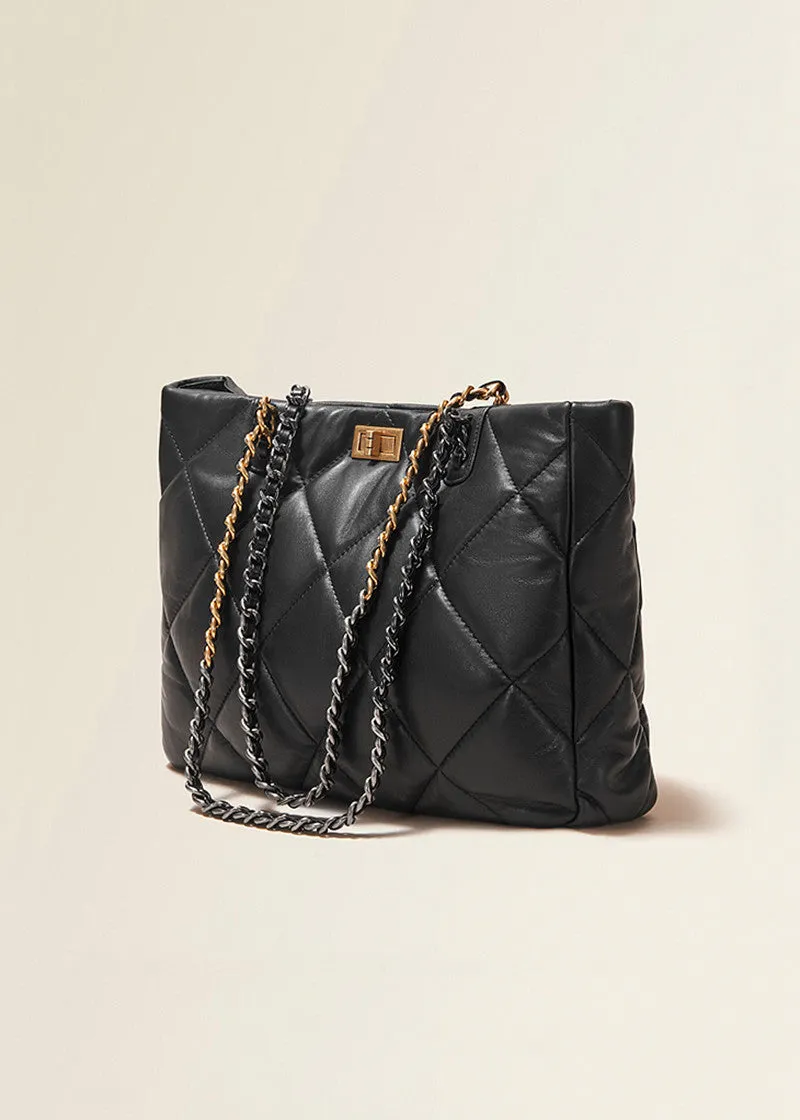 Quilted Chain Strap Leather Tote Bag