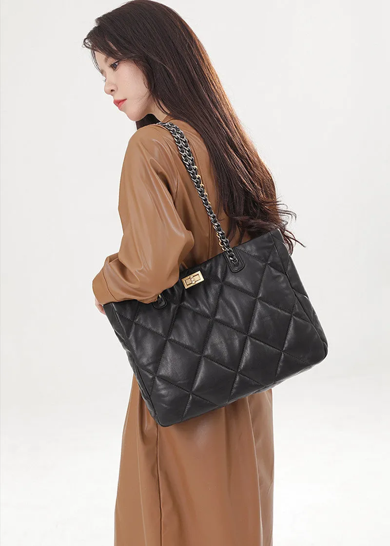Quilted Chain Strap Leather Tote Bag