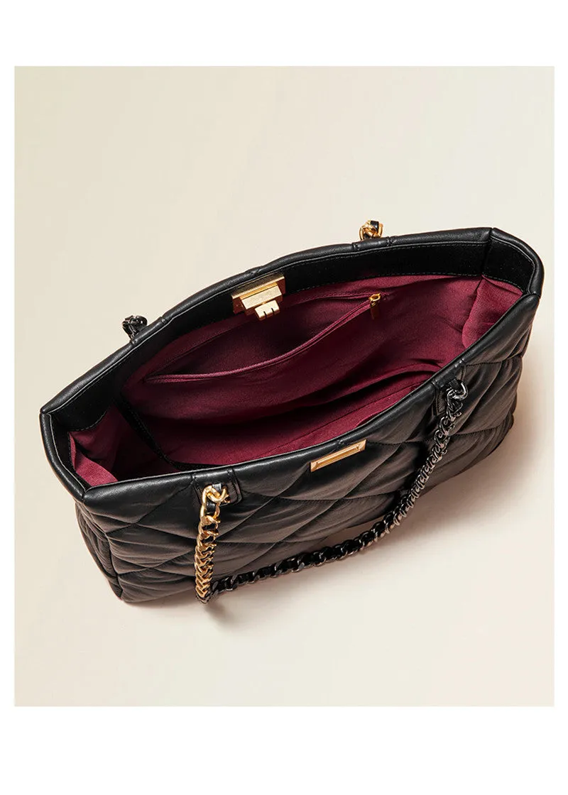 Quilted Chain Strap Leather Tote Bag