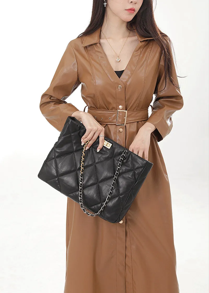 Quilted Chain Strap Leather Tote Bag